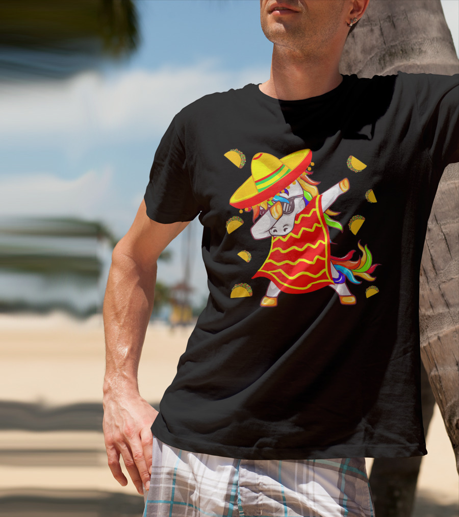 Unicorn Dabbing In Mexican Poncho With Sombrero Surrounded By Tacos T-Shirt