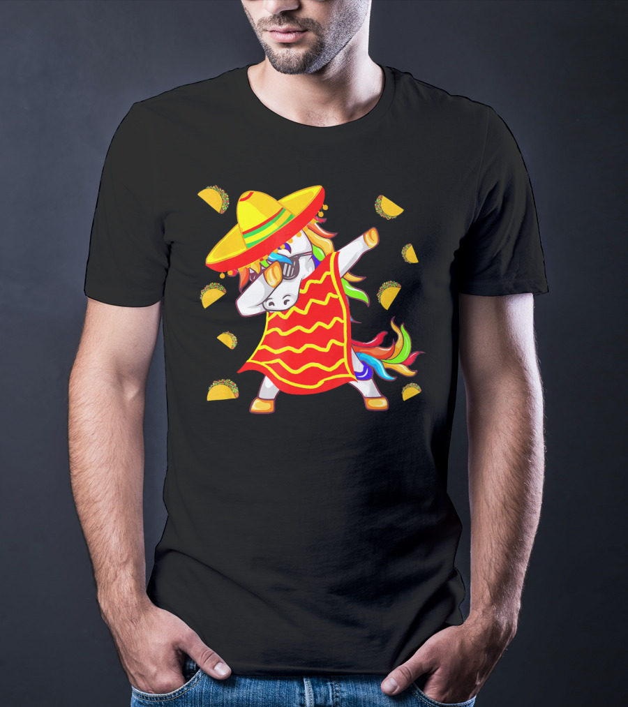 Unicorn Dabbing In Mexican Poncho With Sombrero Surrounded By Tacos T-Shirt