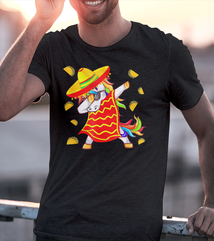 Unicorn Dabbing In Mexican Poncho With Sombrero Surrounded By Tacos T-Shirt
