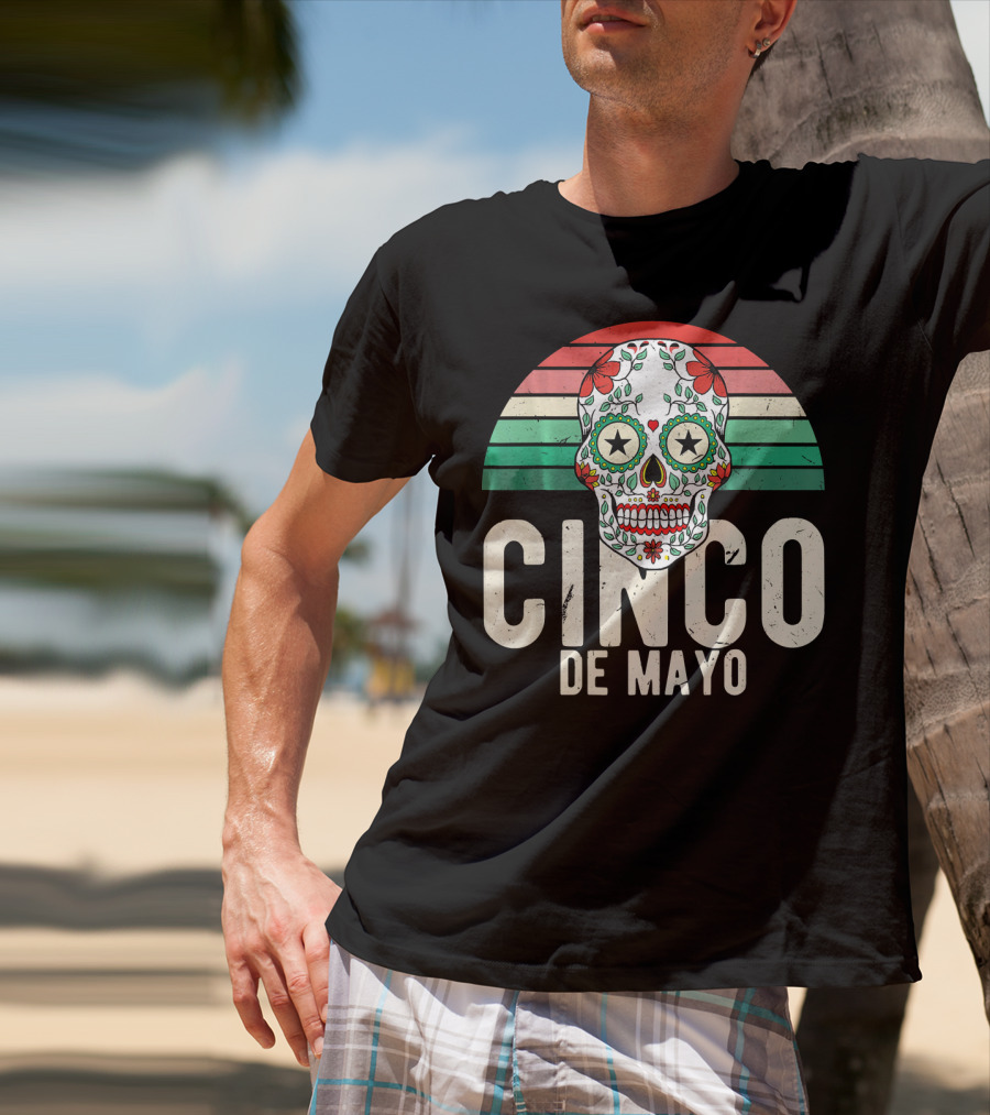 Cinco De Mayo Sugar Skull Retro Stripes T-Shirt