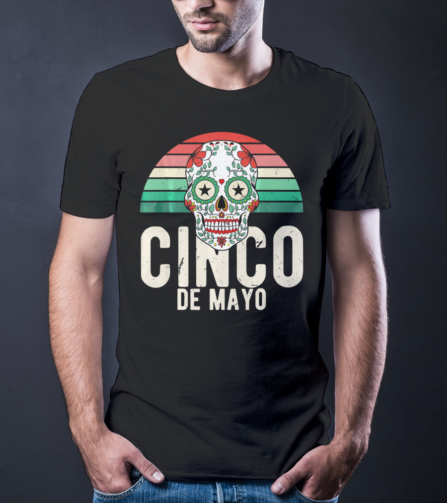 Cinco De Mayo Sugar Skull Retro Stripes T-Shirt