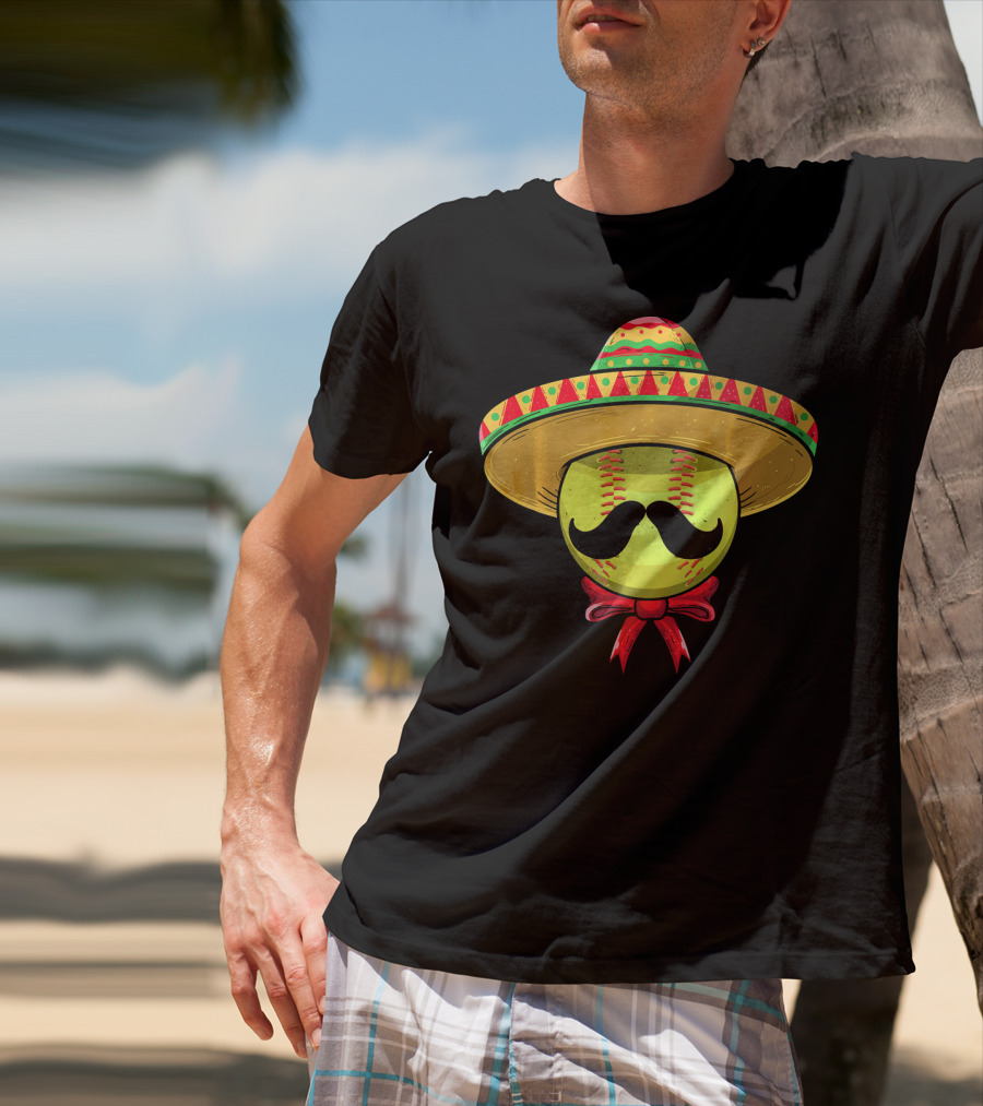 Cinco De Mayo Mexican Sombrero Softball Mustache Red Bow T-Shirt