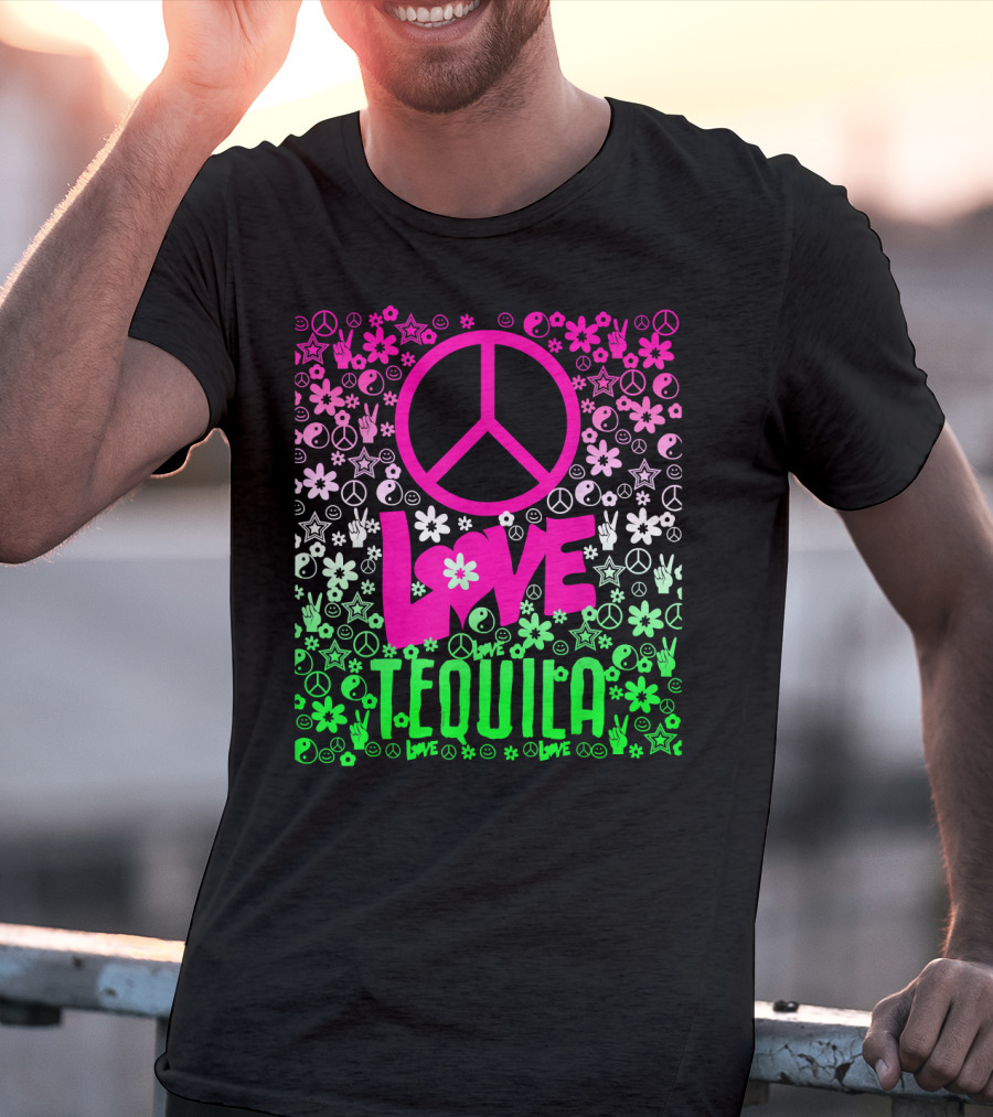 Peace Love Tequila Hippie Style Cinco De Mayo Festive Symbols Icons T-Shirt