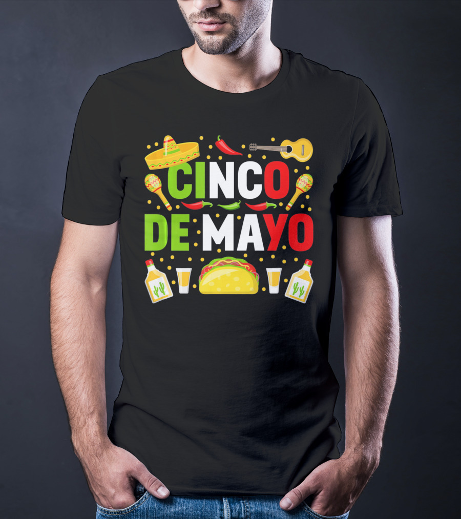 Cinco De Mayo Celebration Taco Maracas Sombrero Guitar Tequila Fiesta T-Shirt