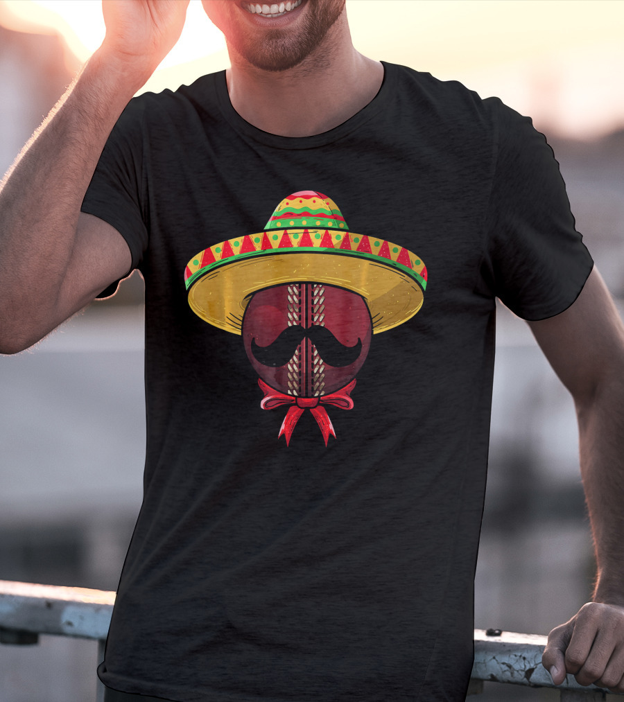 Cinco De Mayo Sombrero Cricket Ball Mustache T-Shirt