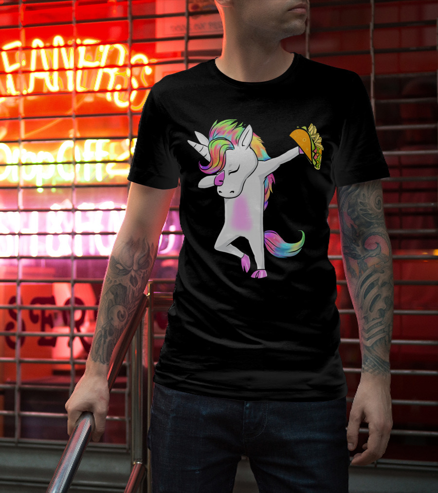 Unicorn Dabbing With Rainbow Mane Holding Tacos T-Shirt