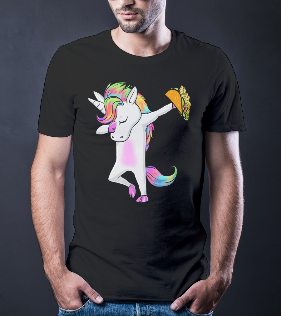 Unicorn Dabbing With Rainbow Mane Holding Tacos T-Shirt