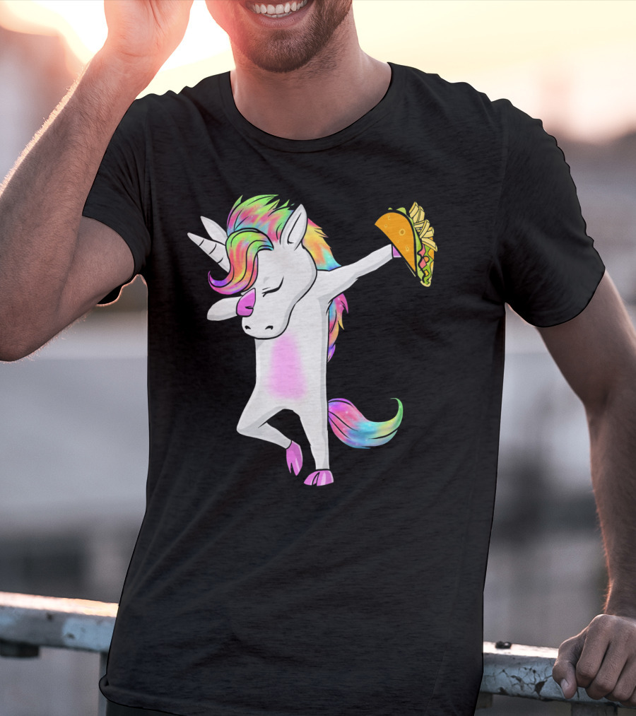 Unicorn Dabbing With Rainbow Mane Holding Tacos T-Shirt