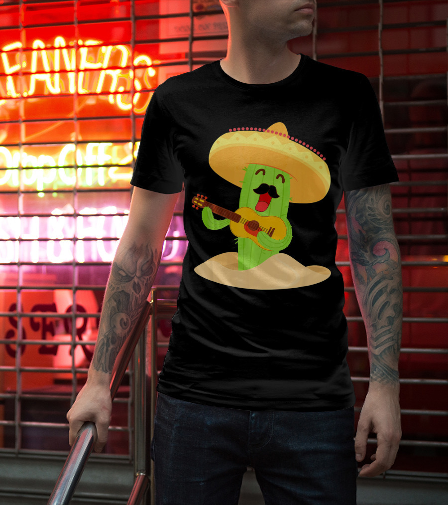 Happy Cinco De Mayo Cactus Guitarist With Sombrero T-Shirt