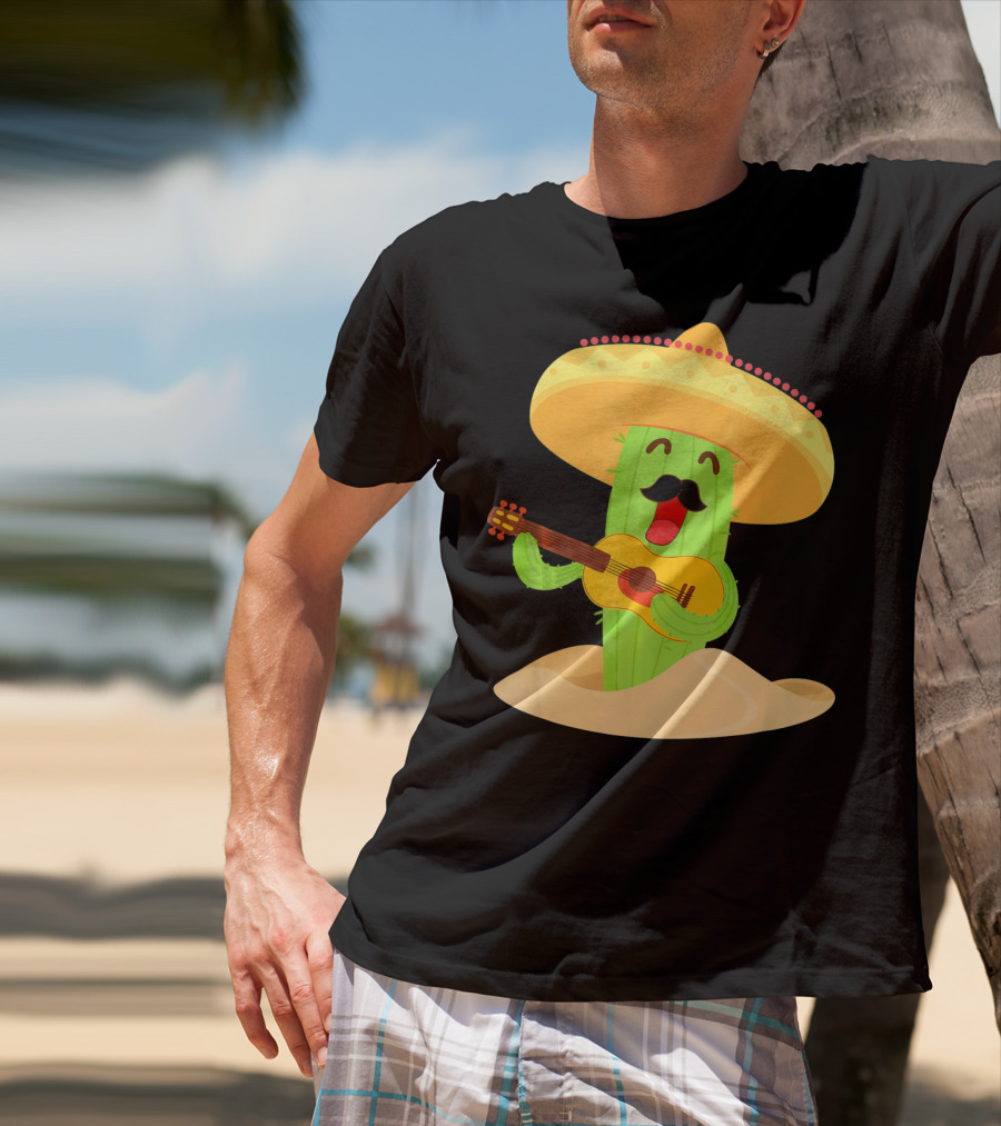 Happy Cinco De Mayo Cactus Guitarist With Sombrero T-Shirt