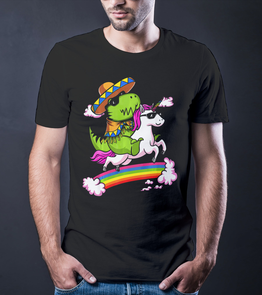 T Rex Dinosaur Riding Unicorn Cinco De Mayo Rainbow Sombrero Sunglasses T-Shirt