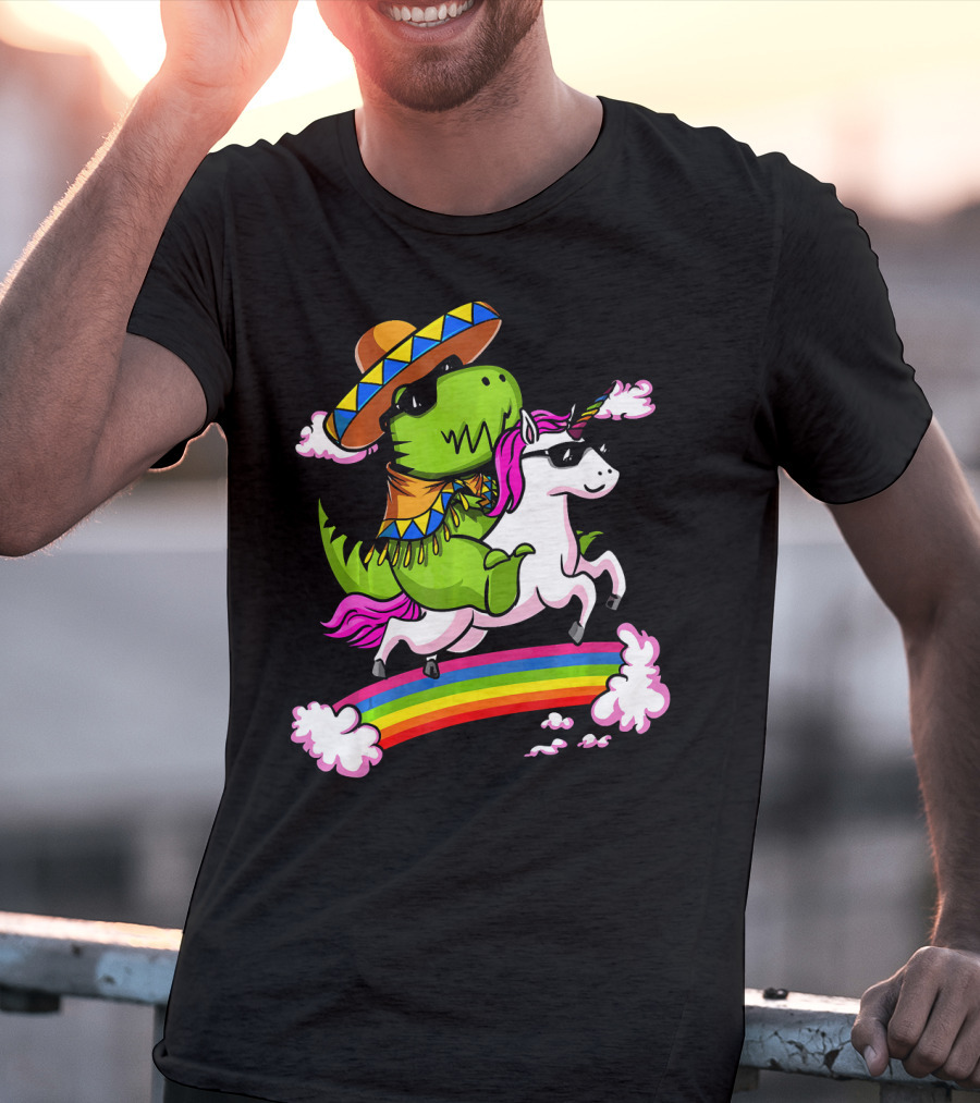 T Rex Dinosaur Riding Unicorn Cinco De Mayo Rainbow Sombrero Sunglasses T-Shirt