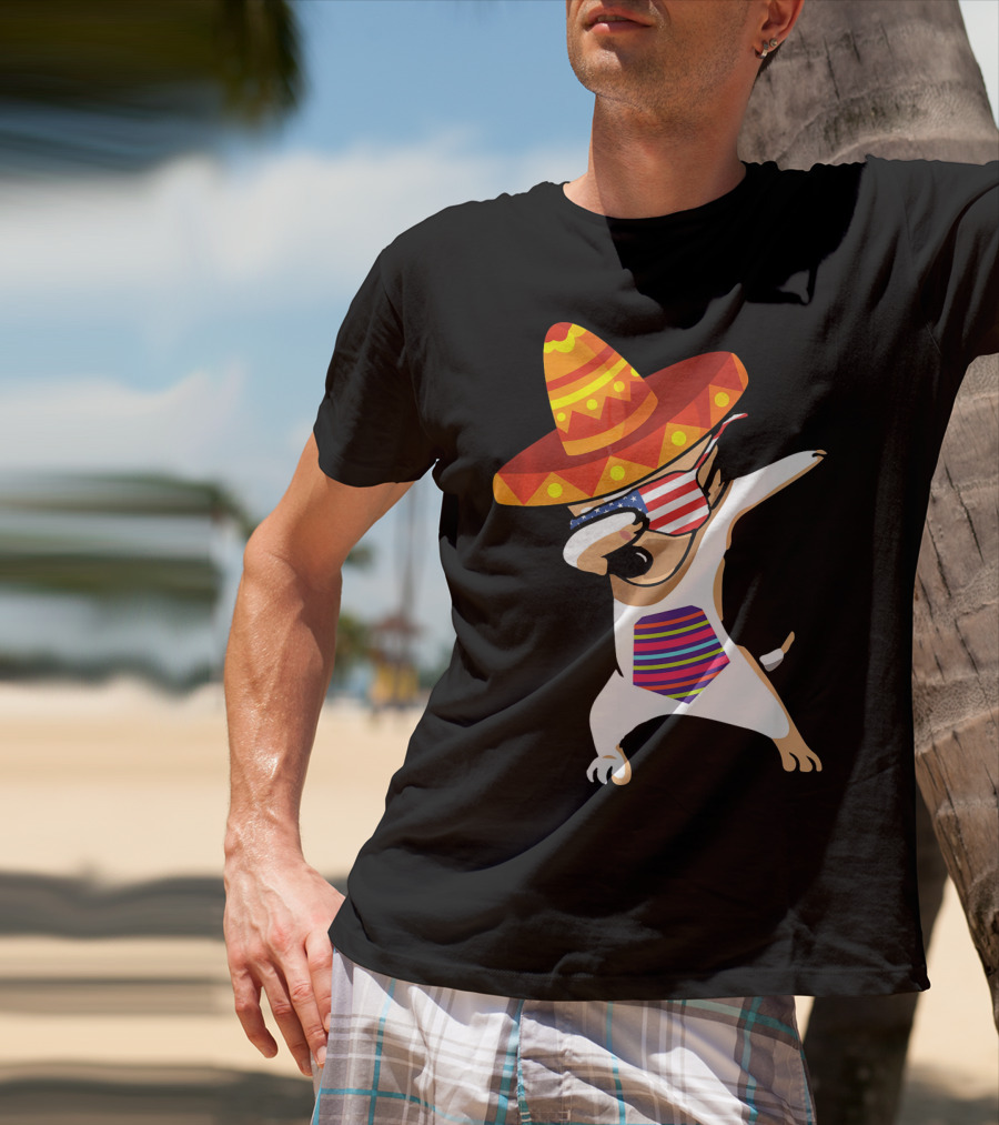 Sombrero Chihuahua Dabbing Mexican Chihuah American Flag Glasses T-Shirt