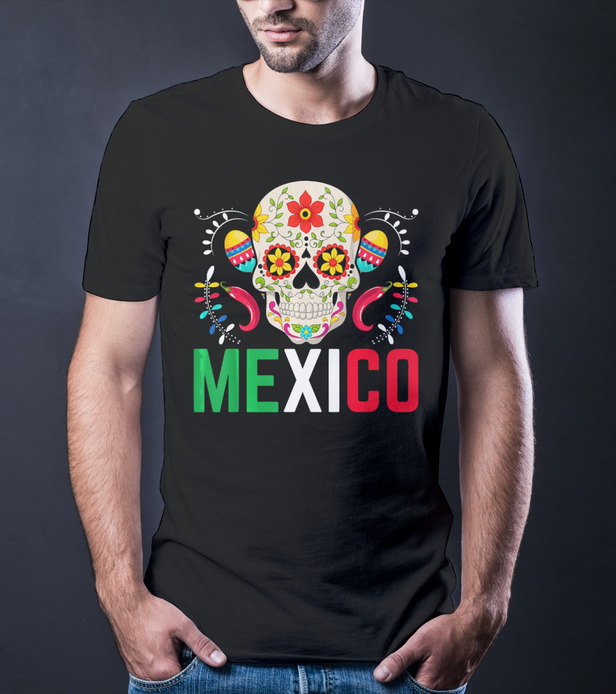 Colorful Cinco De Mayo Mexico Sugar Skull Design With Decorative Elements T-Shirt