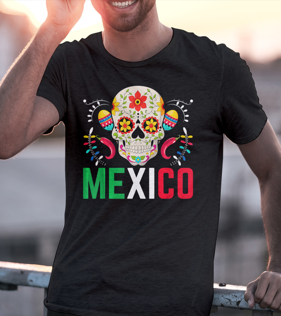 Colorful Cinco De Mayo Mexico Sugar Skull Design With Decorative Elements T-Shirt