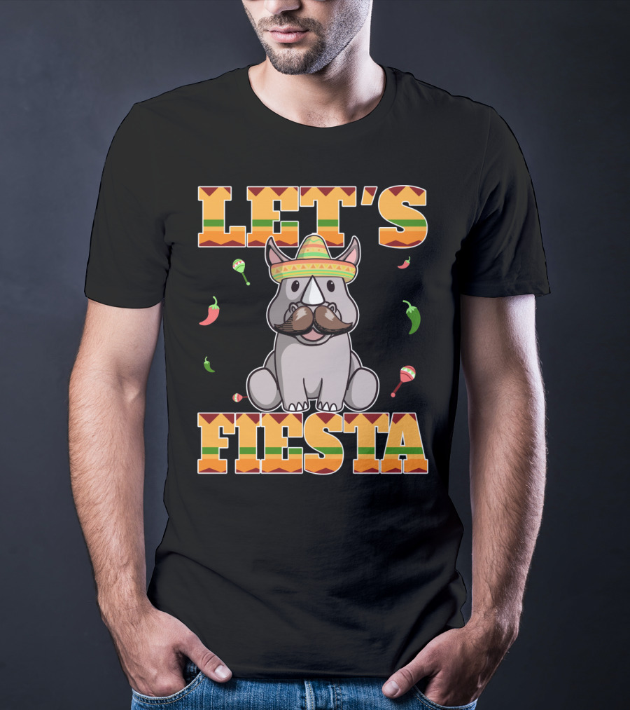 Let's Fiesta Rhinoceros Cinco De Mayo Mex Sombrero Peppers Maracas T-Shirt