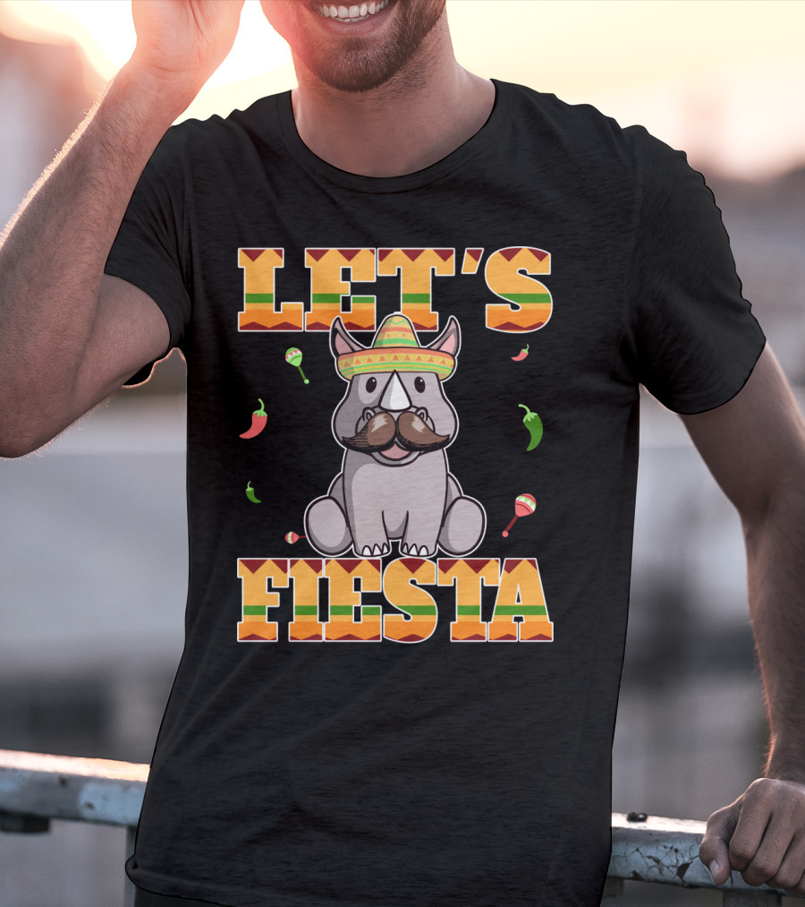 Let's Fiesta Rhinoceros Cinco De Mayo Mex Sombrero Peppers Maracas T-Shirt