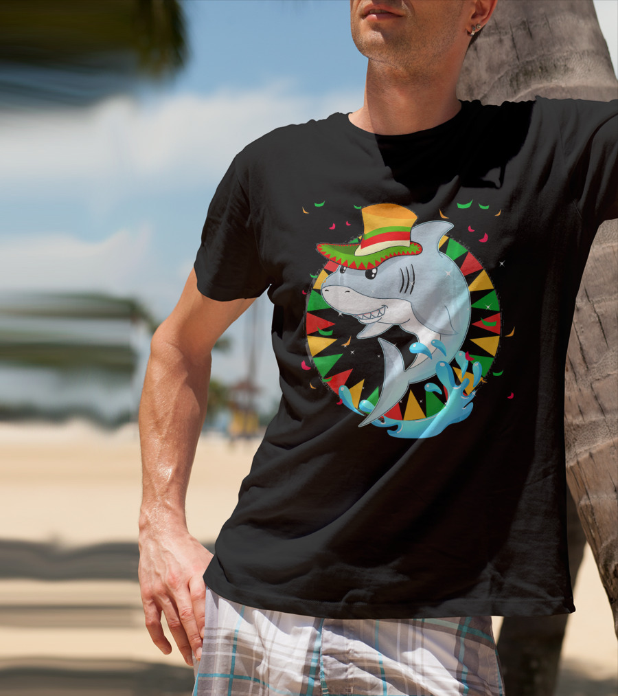 Cute Shark Cinco De Mayo 5th Of May Celebration Hat Sombrero Colorful Fiesta T-Shirt