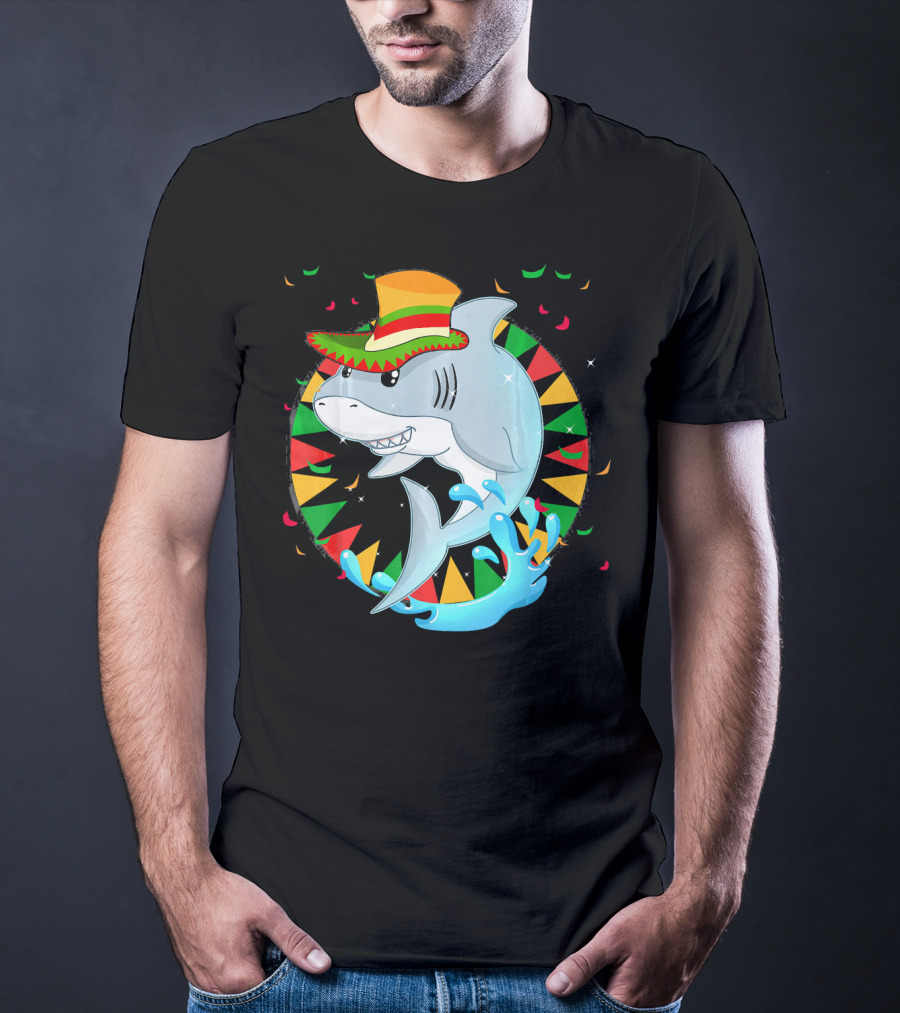 Cute Shark Cinco De Mayo 5th Of May Celebration Hat Sombrero Colorful Fiesta T-Shirt