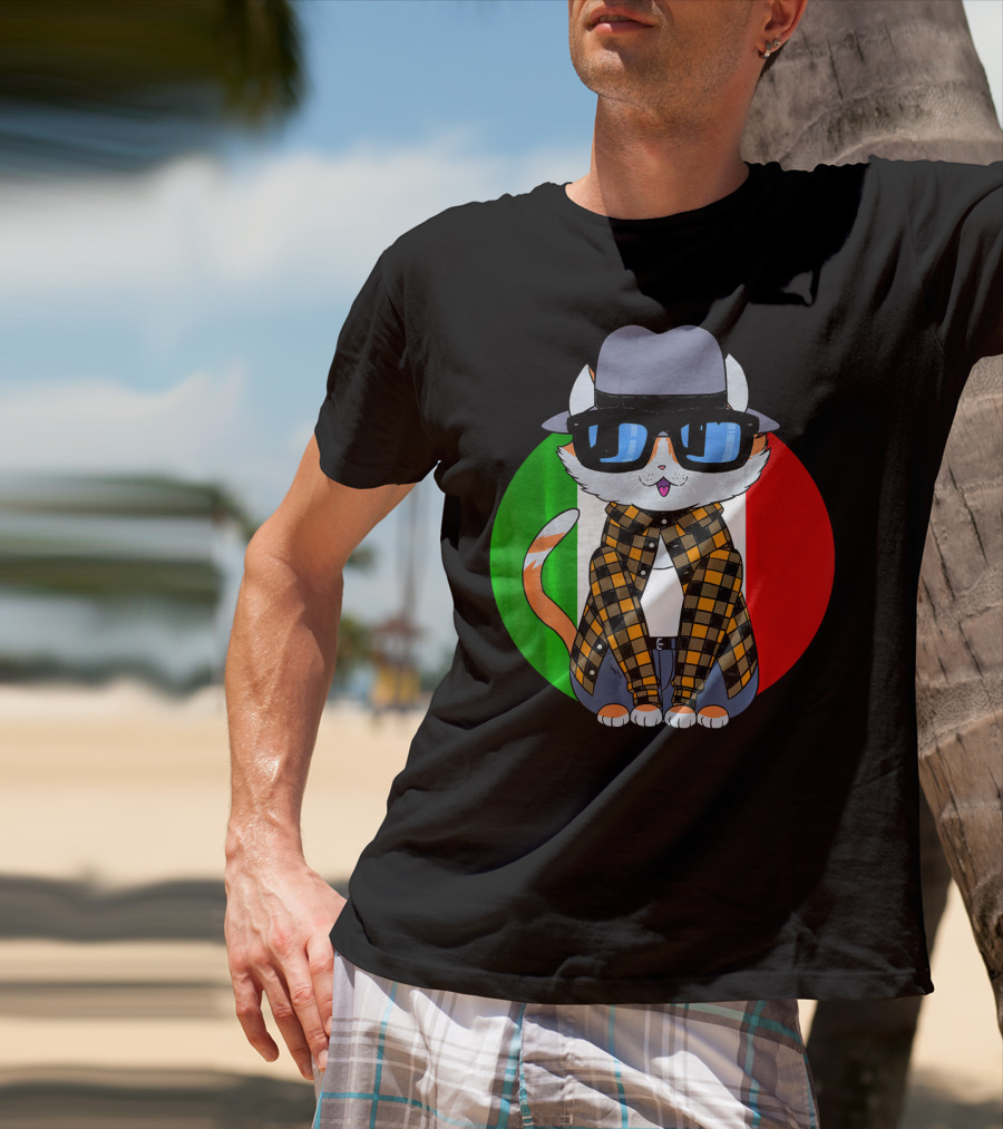 Cinco De Mayo Mexican Kitty Cat With Sunglasses And Plaid Shirt In Front Of Tricolor Circle T-Shirt