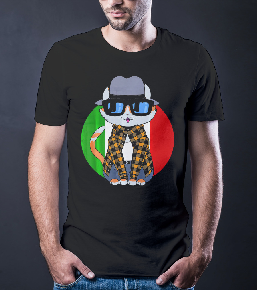 Cinco De Mayo Mexican Kitty Cat With Sunglasses And Plaid Shirt In Front Of Tricolor Circle T-Shirt