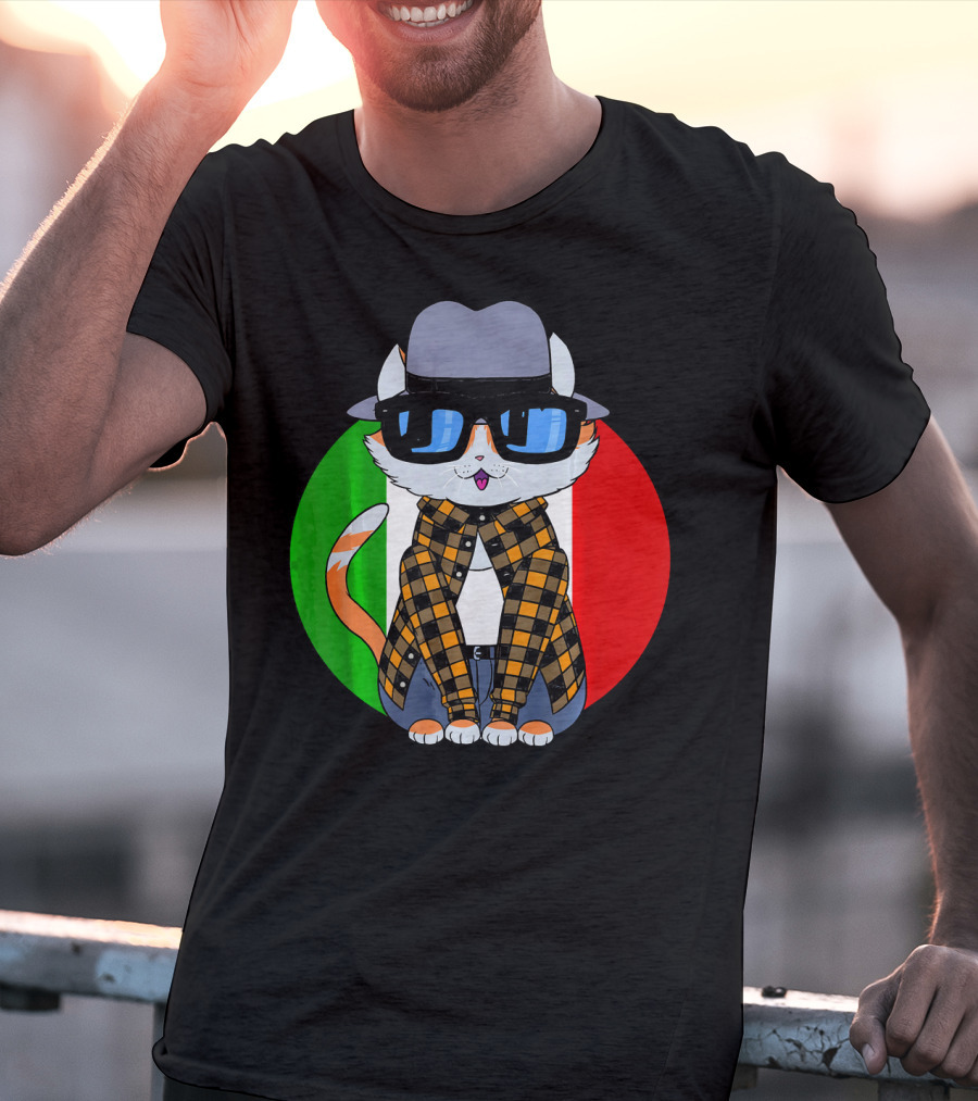 Cinco De Mayo Mexican Kitty Cat With Sunglasses And Plaid Shirt In Front Of Tricolor Circle T-Shirt