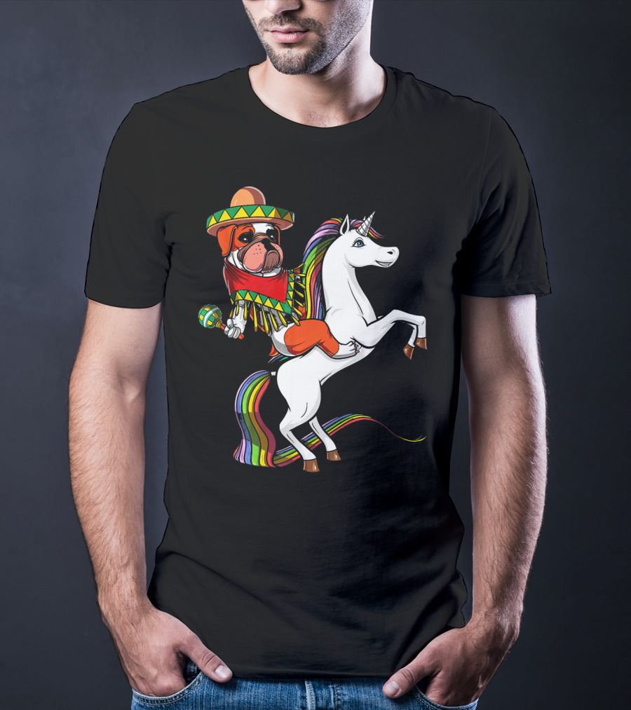 English Bulldog Riding Unicorn Cinco De Mayo Fiesta Hat And Maracas T-Shirt