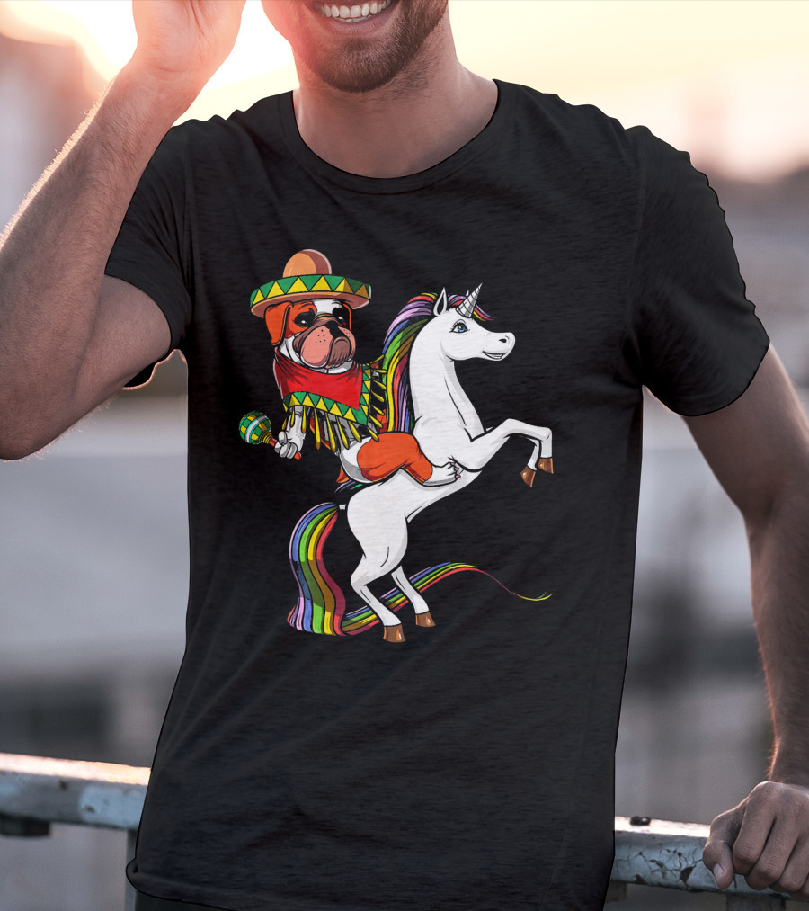 English Bulldog Riding Unicorn Cinco De Mayo Fiesta Hat And Maracas T-Shirt