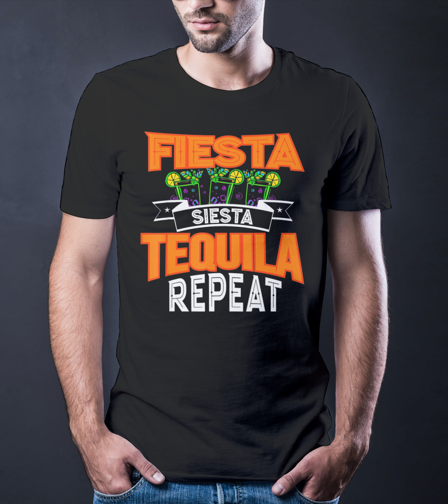 Fiesta Siesta Tequila Repeat Drinker Cin Colorful Margarita Glasses Lime Party T-Shirt