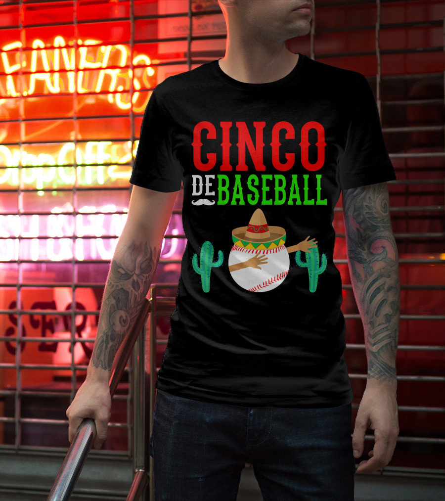 Cinco De Baseball Funny Dabbing Mex Sombrero Cactus T-Shirt