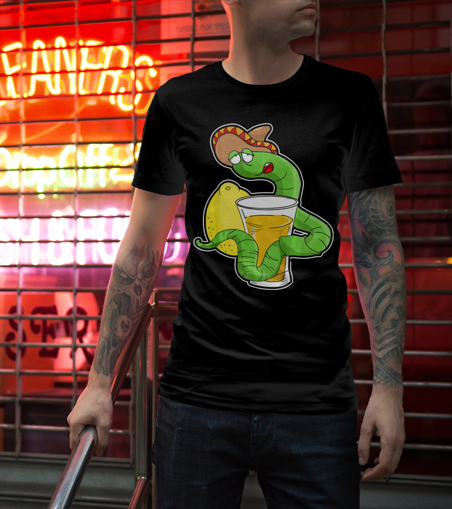 Funny Drunk Tequila Worm With Shot And Lemon Party Vibes T-Shirt