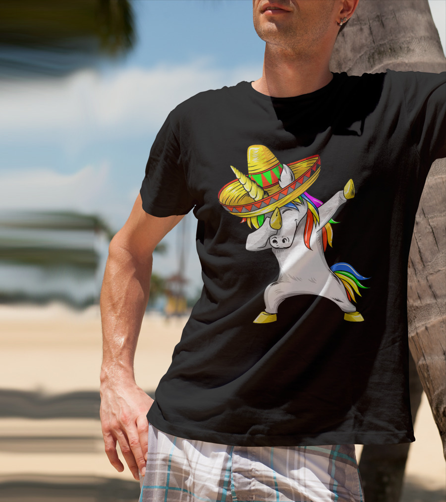 Dabbing Cinco De Mayo Unicorn With Sombrero And Rainbow Mane T-Shirt
