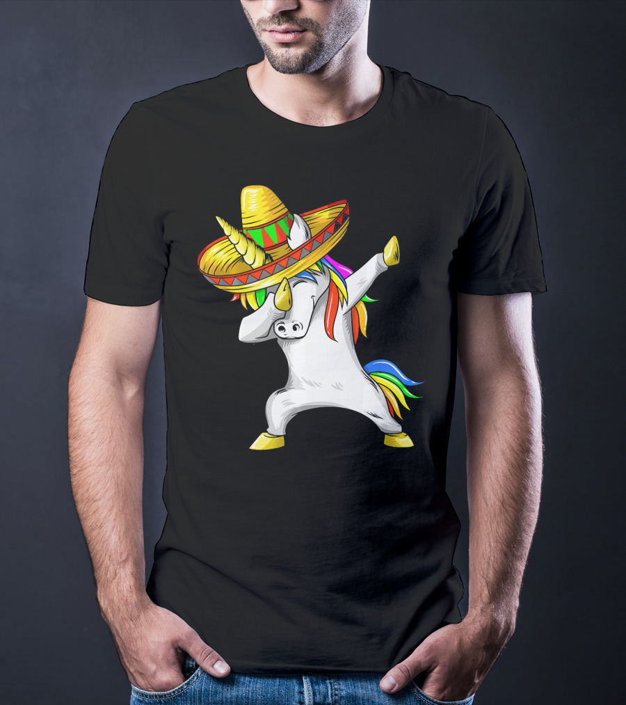 Dabbing Cinco De Mayo Unicorn With Sombrero And Rainbow Mane T-Shirt