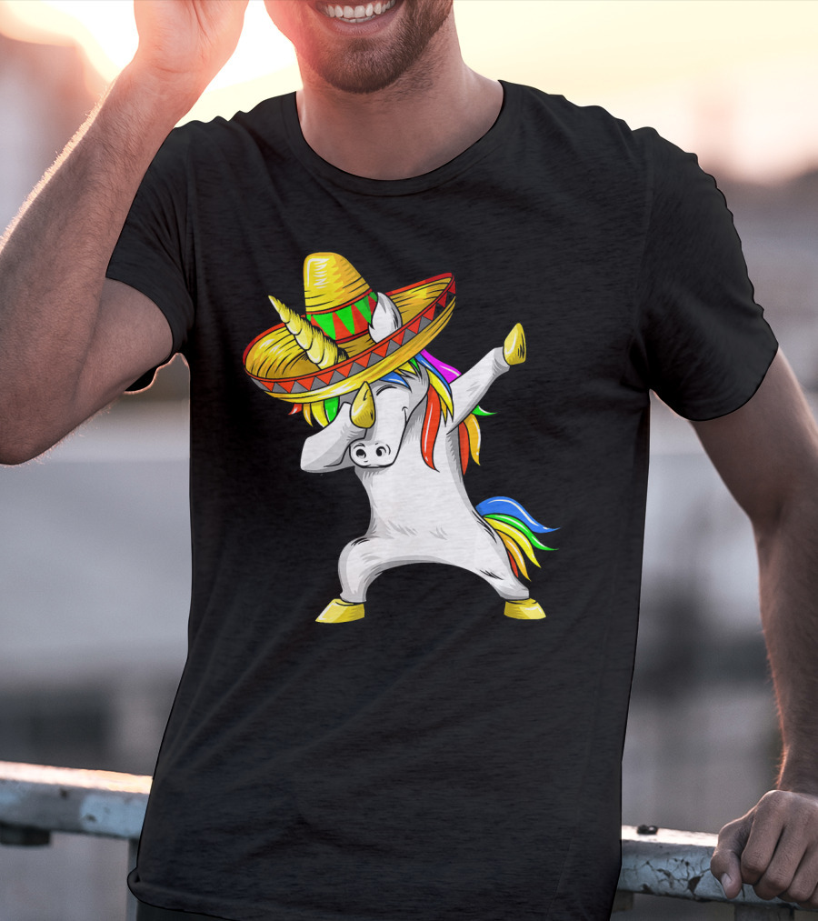 Dabbing Cinco De Mayo Unicorn With Sombrero And Rainbow Mane T-Shirt