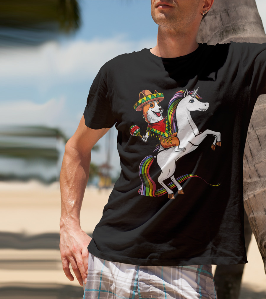 Corgi Riding Unicorn In Sombrero With Maracas Cinco De Mayo Mexic Fiesta T-Shirt
