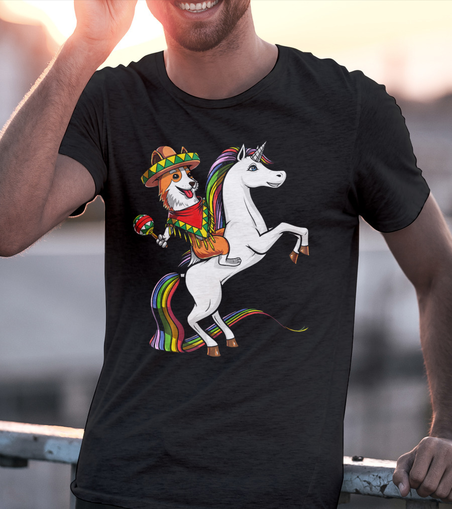 Corgi Riding Unicorn In Sombrero With Maracas Cinco De Mayo Mexic Fiesta T-Shirt