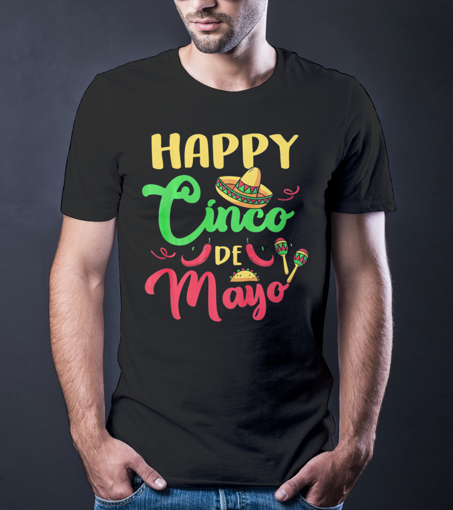 Happy Cinco De Mayo Sombrero Taco Maracas Peppers T-Shirt