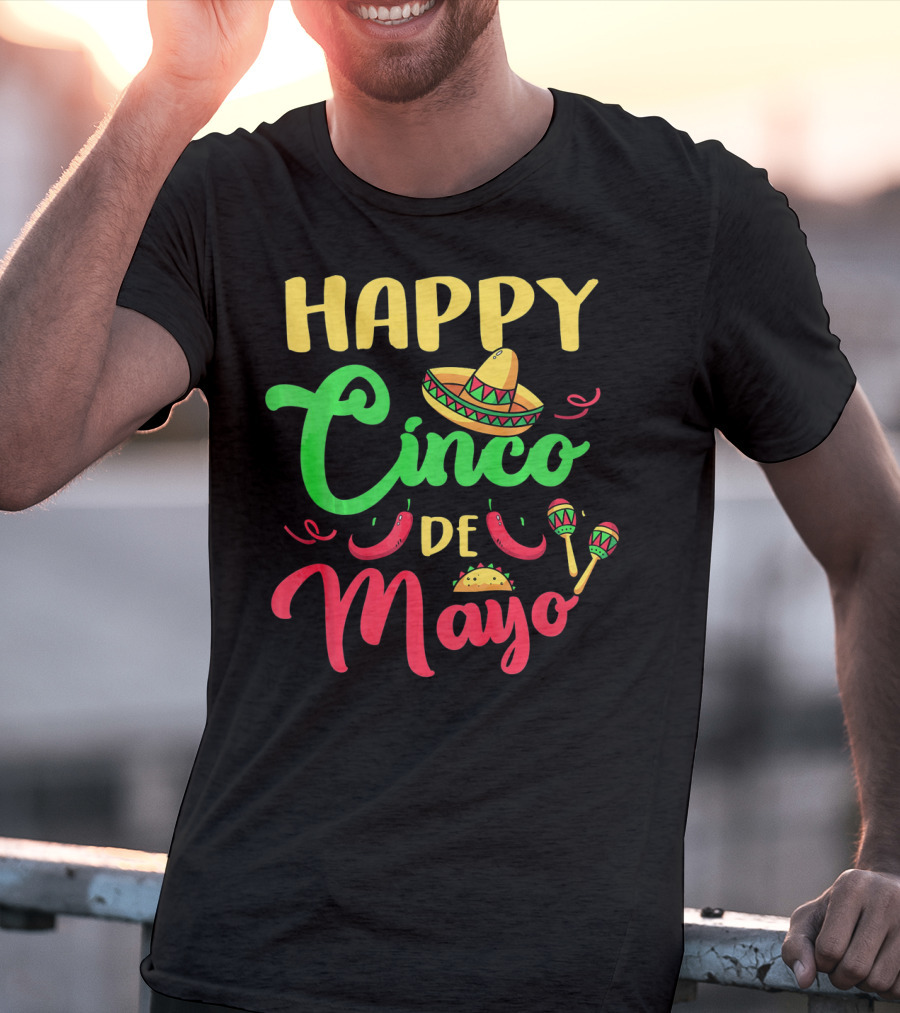 Happy Cinco De Mayo Sombrero Taco Maracas Peppers T-Shirt