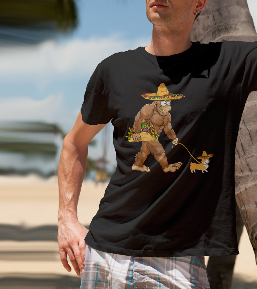 Bigfoot Sombrero Taco Corgi Dog Cinco De Mayo T-Shirt