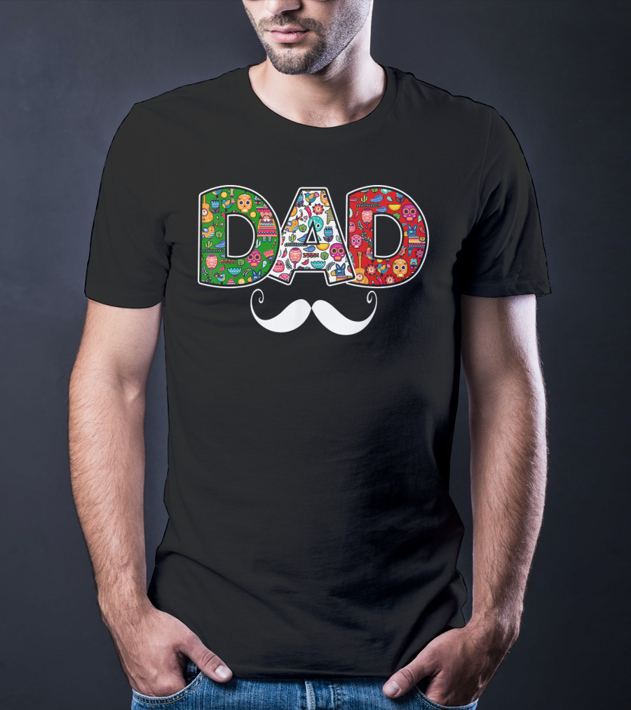 Mens Mexico Skull Maracas Sombrero Dad Mustache Colorful Icons T-Shirt
