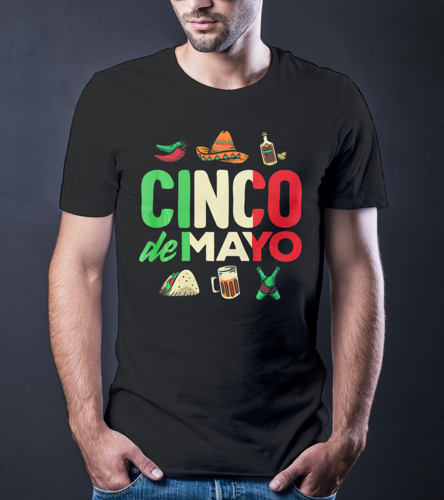 Cinco De Mayo Fiesta Sombrero Taco Beer Bottle Peppers T-Shirt
