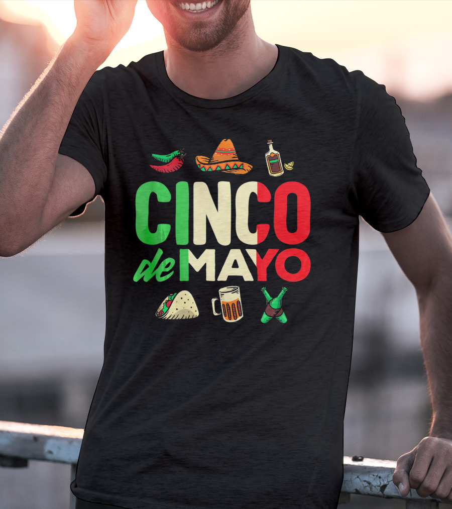 Cinco De Mayo Fiesta Sombrero Taco Beer Bottle Peppers T-Shirt