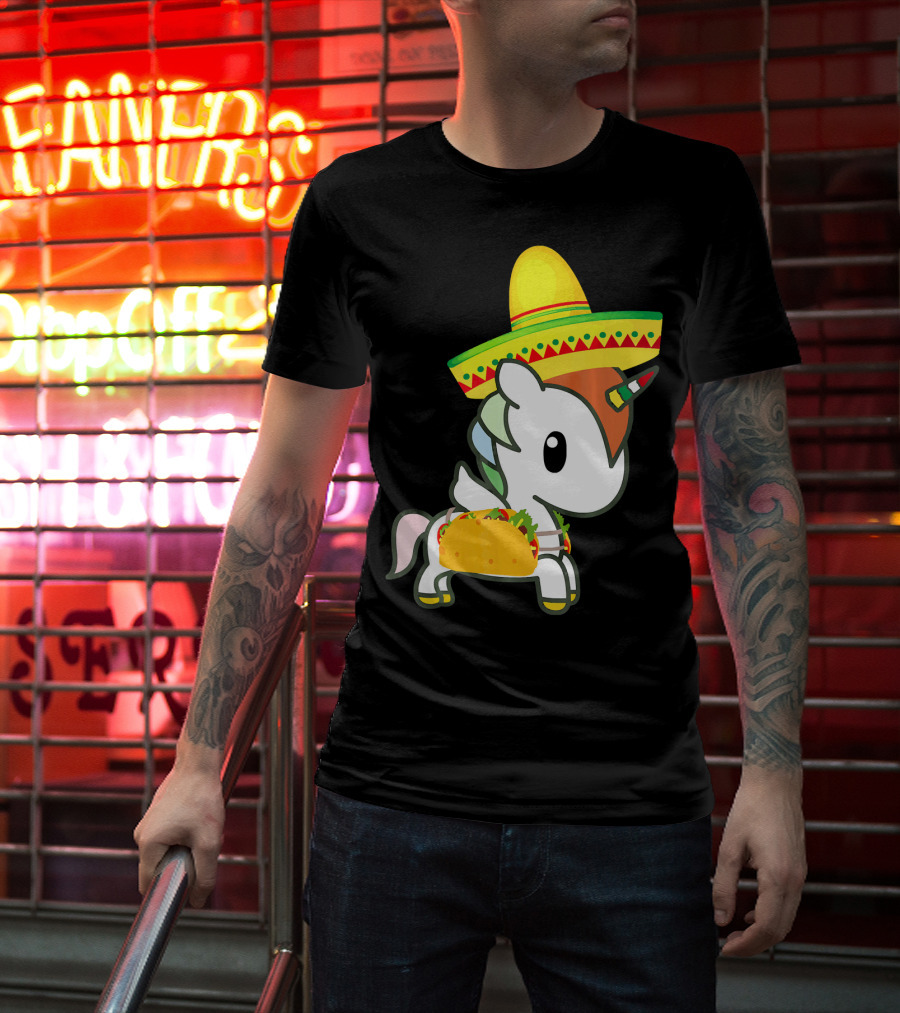 Chibi Cinco De Mayo Unicorn Wearing Sombrero Taco T-Shirt