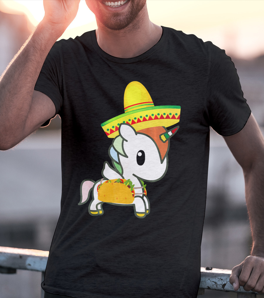 Chibi Cinco De Mayo Unicorn Wearing Sombrero Taco T-Shirt