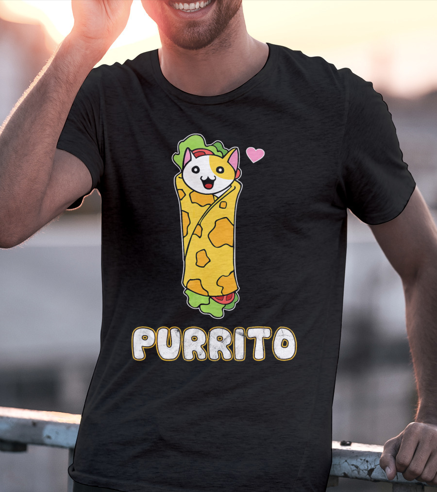 Purrito Kitten Wrapped In Burrito With Heart And Taco Cat Expression T-Shirt