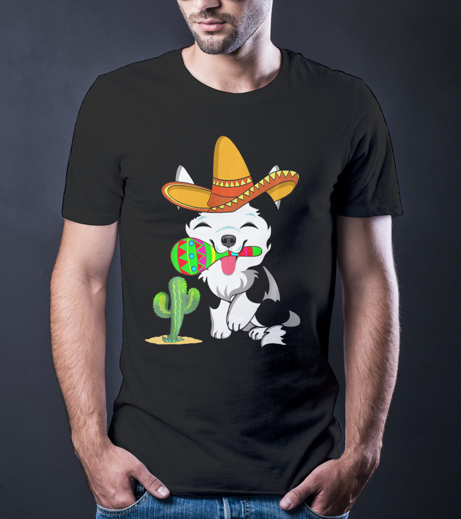 Cute Husky Dog With Sombrero And Maracas Cinco De Mayo 5th Of May T-Shirt