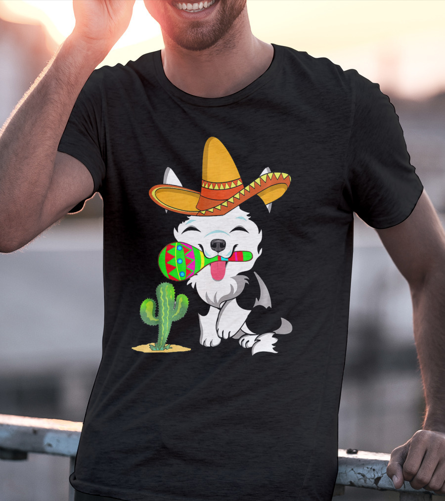 Cute Husky Dog With Sombrero And Maracas Cinco De Mayo 5th Of May T-Shirt