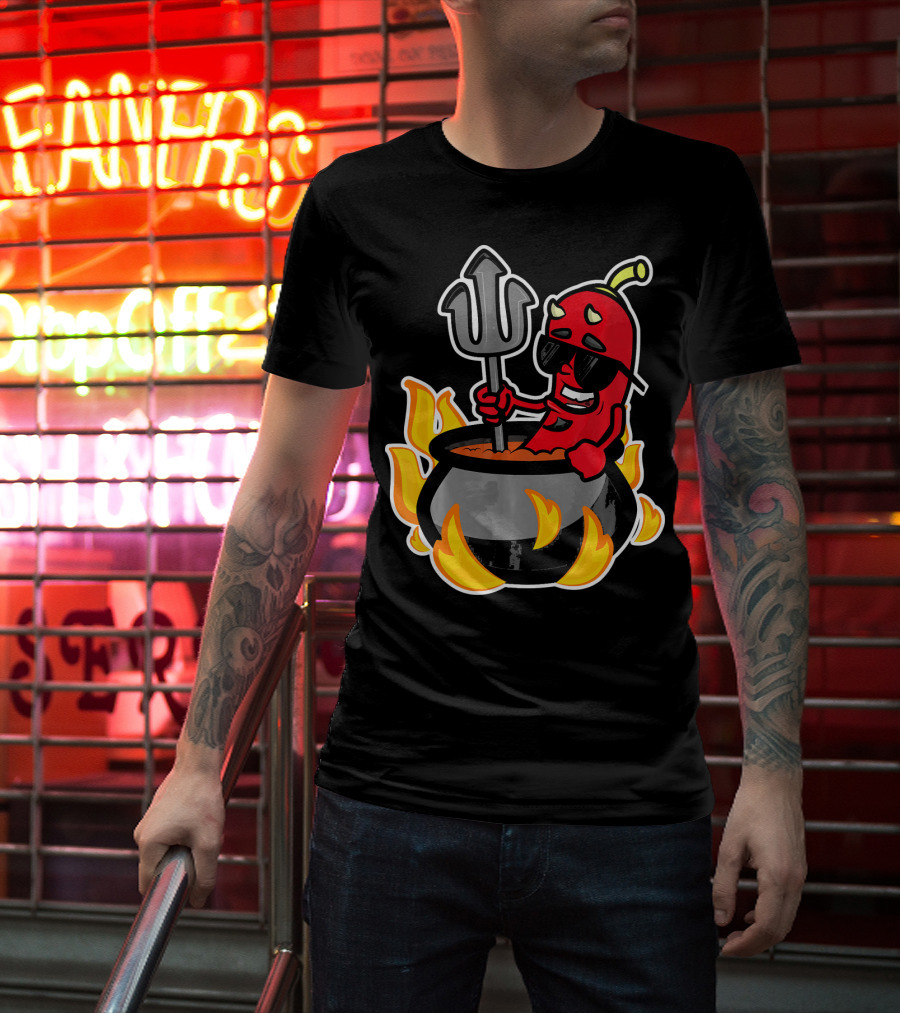 Funny Chili Pepper Devil In Fiery Pot Cinco De Mayo T-Shirt