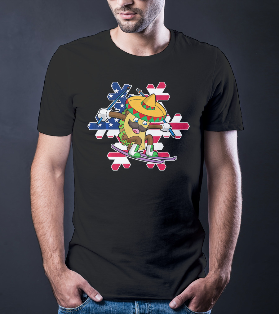 Taco Skiing Sombrero Cinco De Mayo Mexican American Flag Snowflakes T-Shirt