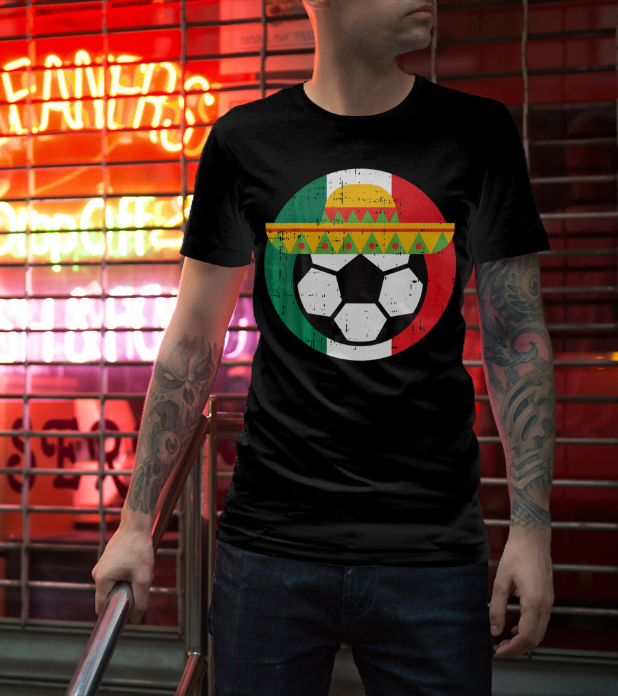 Mexico Soccer Ball Funny Mexican Cinco Sombrero Flag T-Shirt